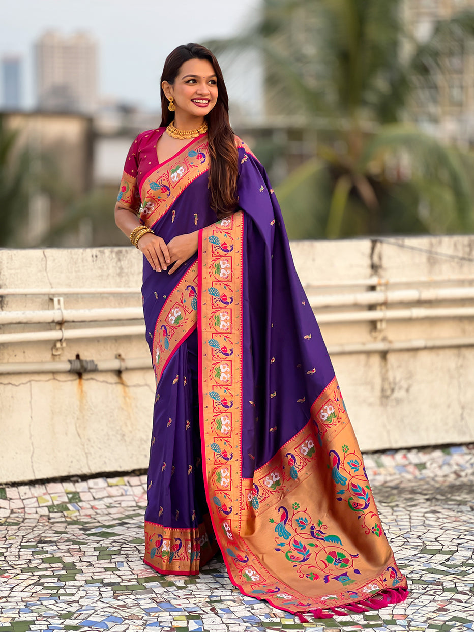 Violet Soft Silk Swan Rajhans Paithani Saree