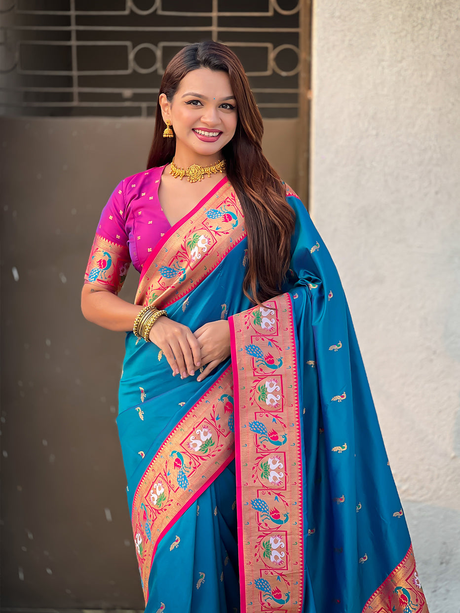 Blue Soft Silk Swan Rajhans Paithani Saree