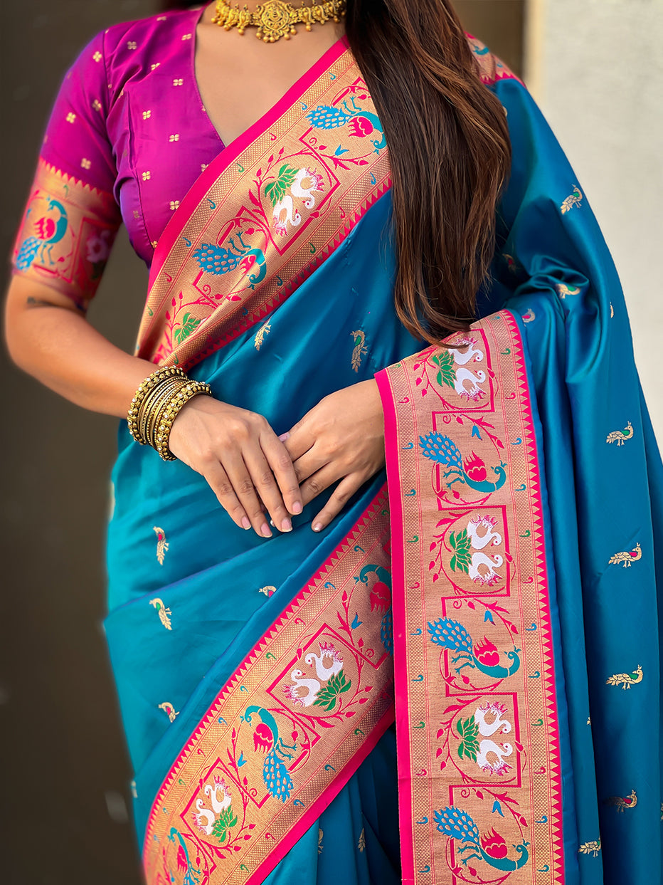 Blue Soft Silk Swan Rajhans Paithani Saree