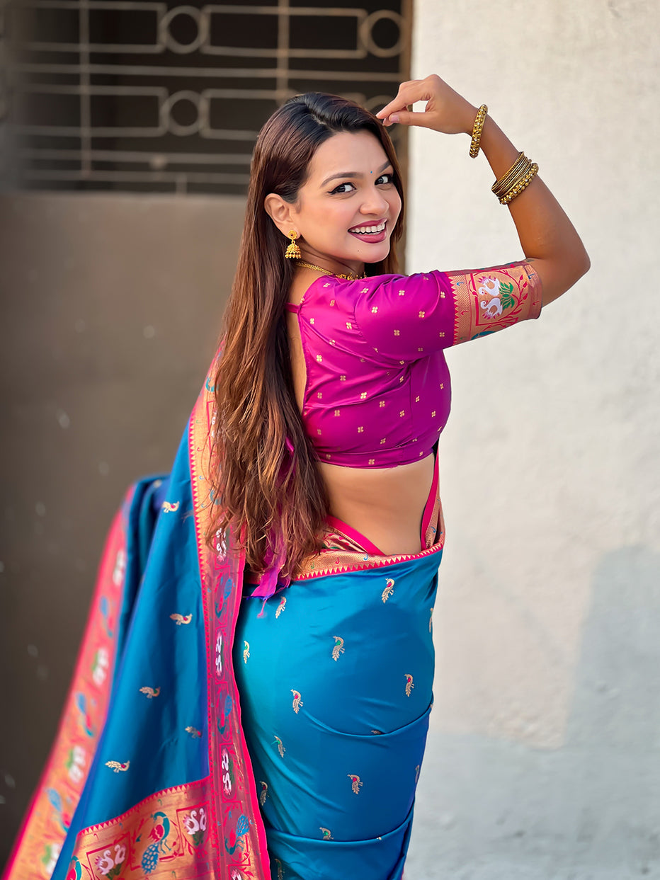 Blue Soft Silk Swan Rajhans Paithani Saree
