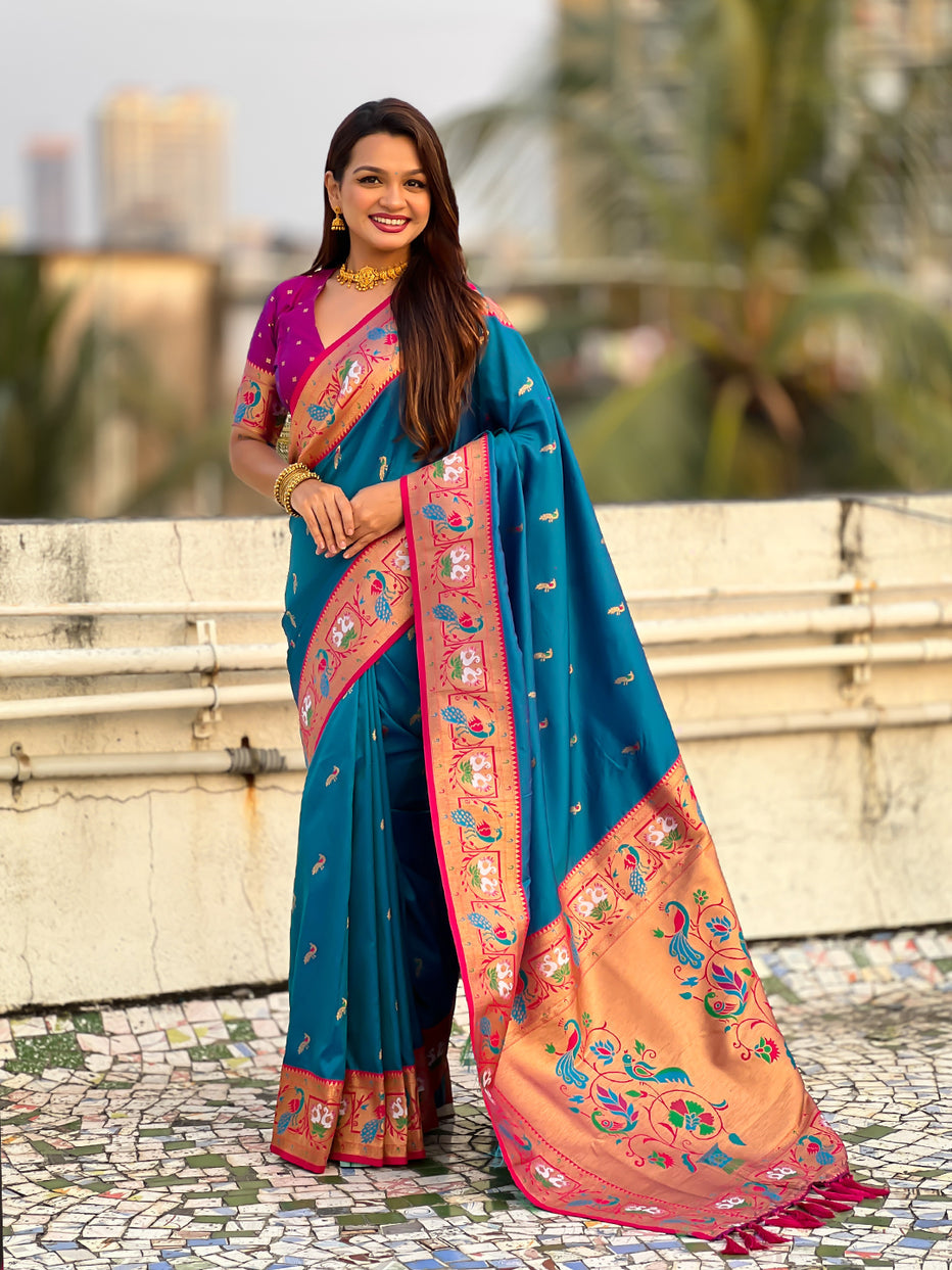 Blue Soft Silk Swan Rajhans Paithani Saree