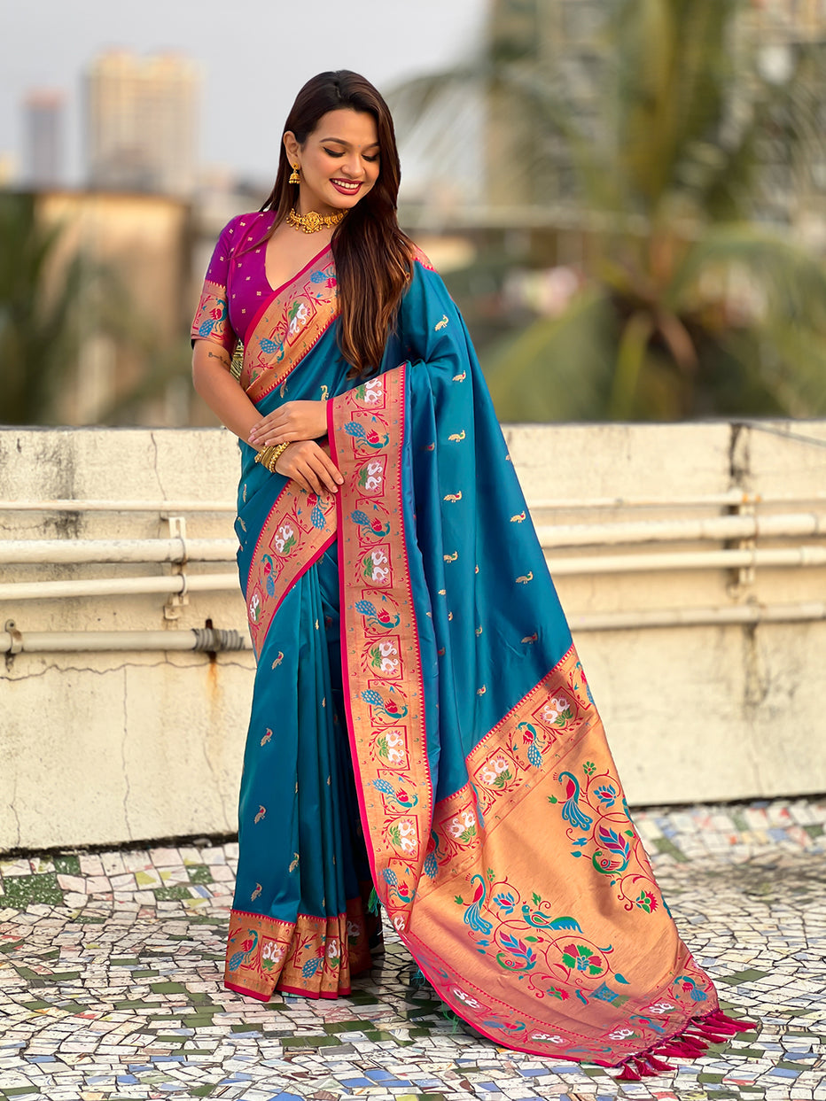 Blue Soft Silk Swan Rajhans Paithani Saree