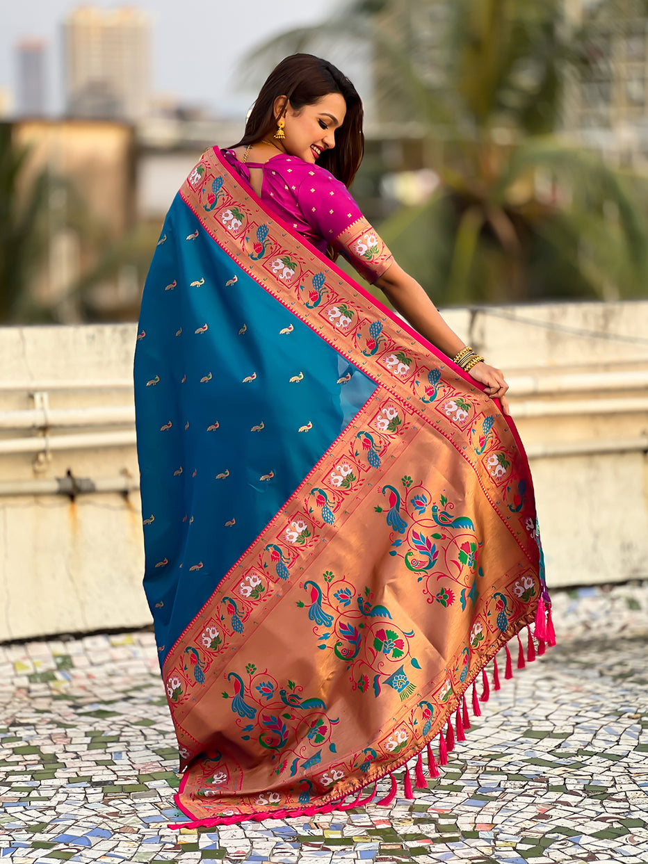 Blue Soft Silk Swan Rajhans Paithani Saree