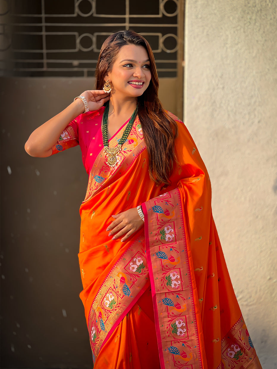 Orange Soft Silk Swan Rajhans Paithani Saree Paithani Saree Anant Tex Exports Pvt.Ltd..