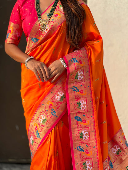 Orange Soft Silk Swan Rajhans Paithani Saree Paithani Saree Anant Tex Exports Pvt.Ltd..