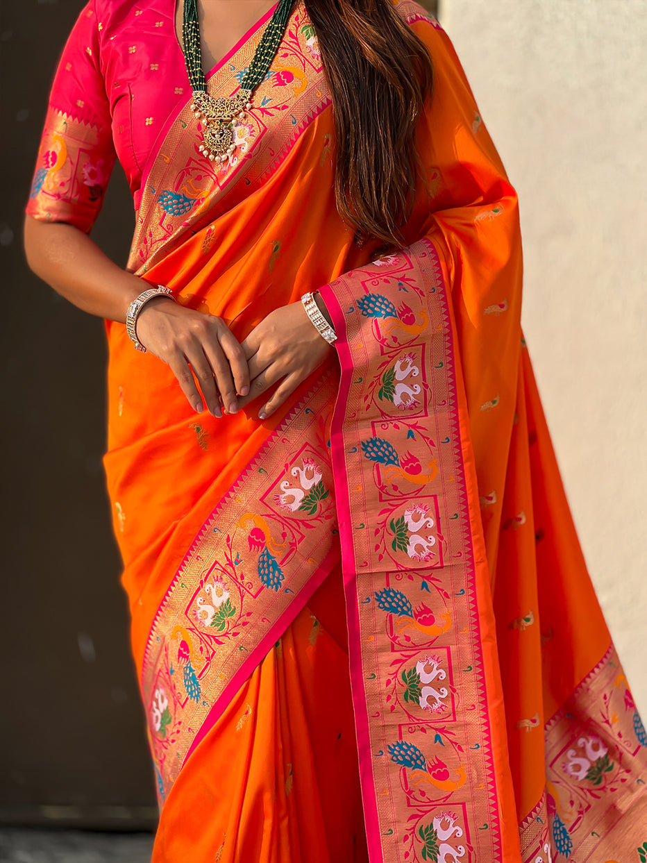 Orange Soft Silk Swan Rajhans Paithani Saree