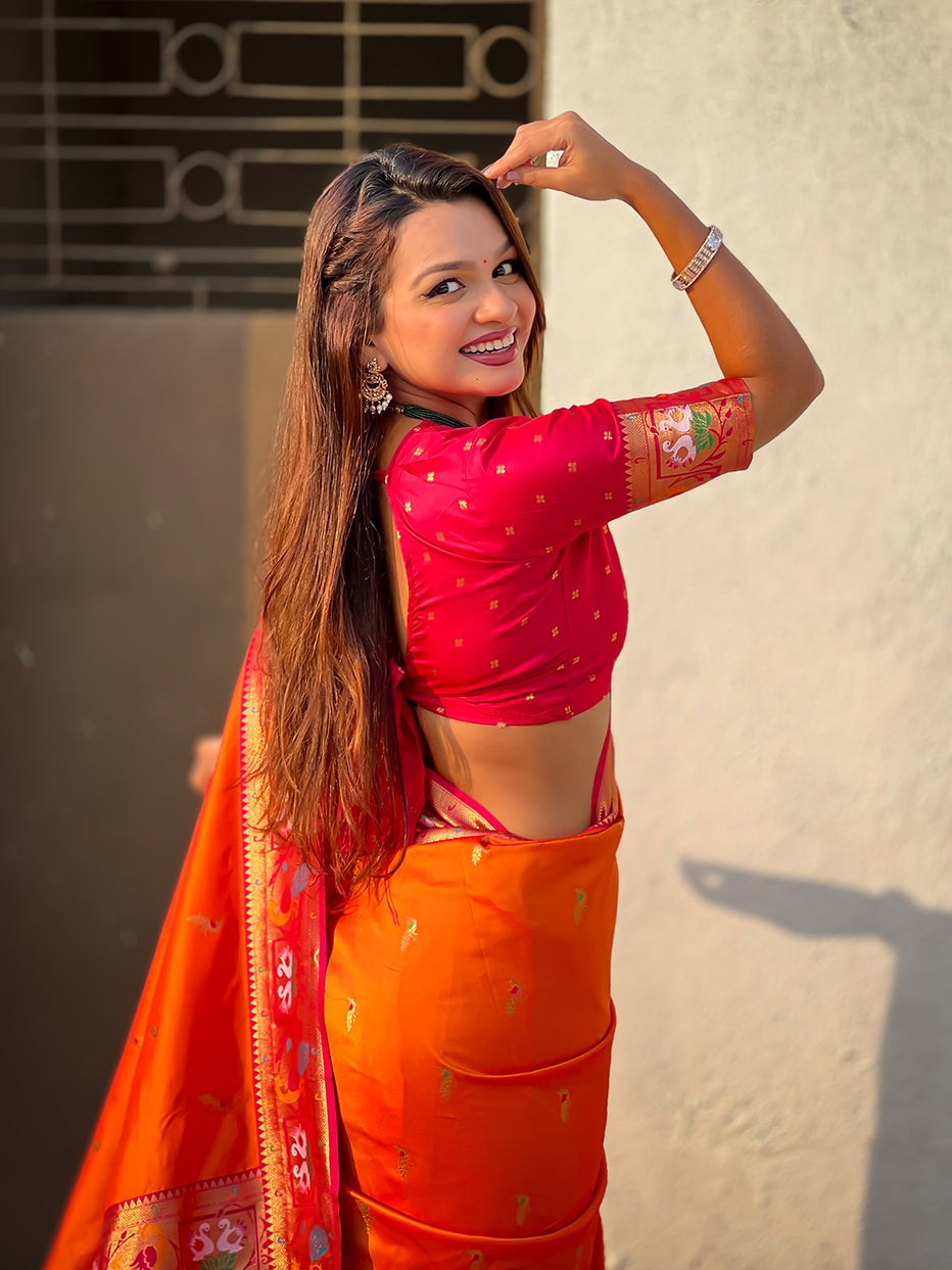 Orange Soft Silk Swan Rajhans Paithani Saree