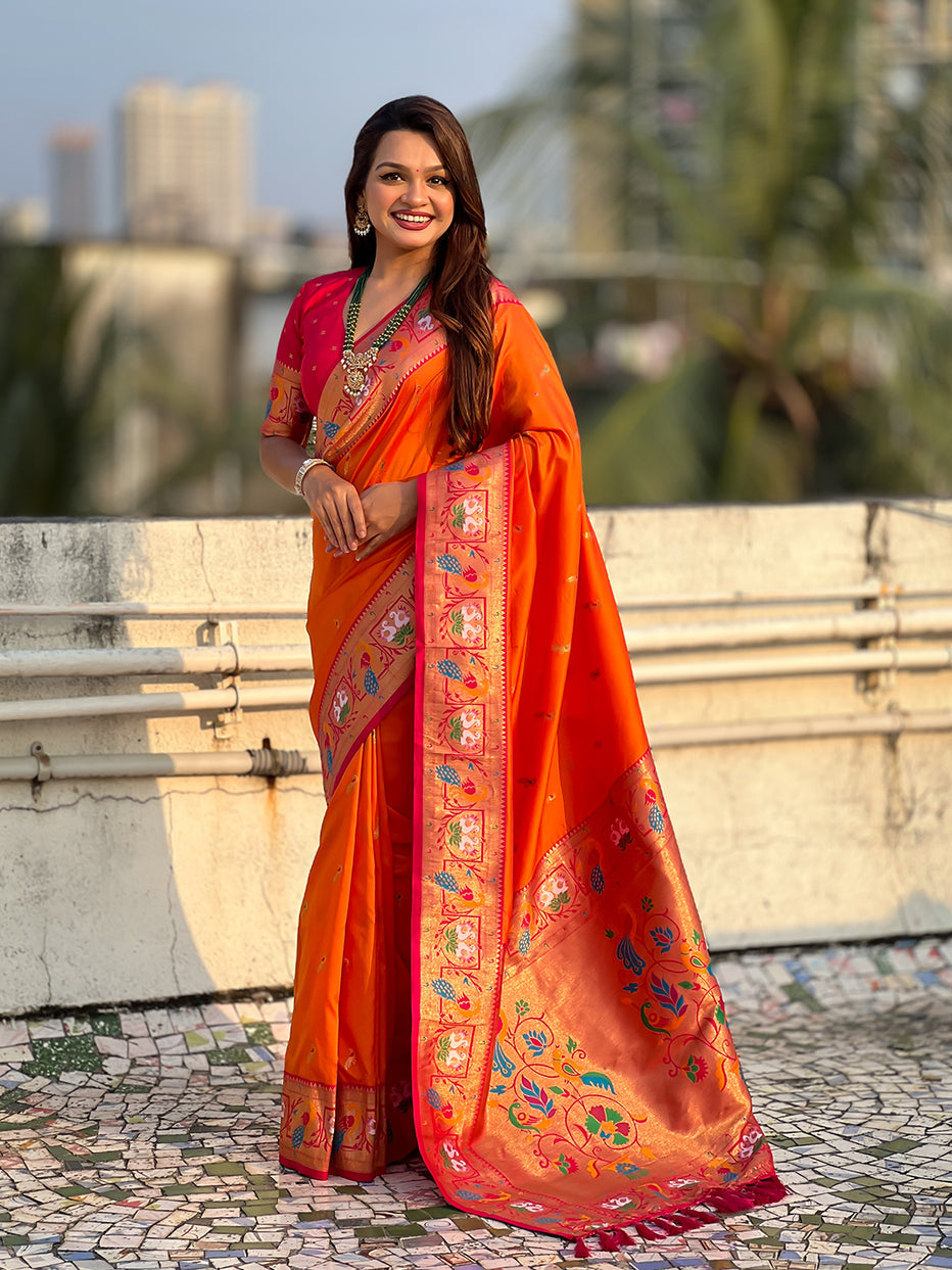Orange Soft Silk Swan Rajhans Paithani Saree