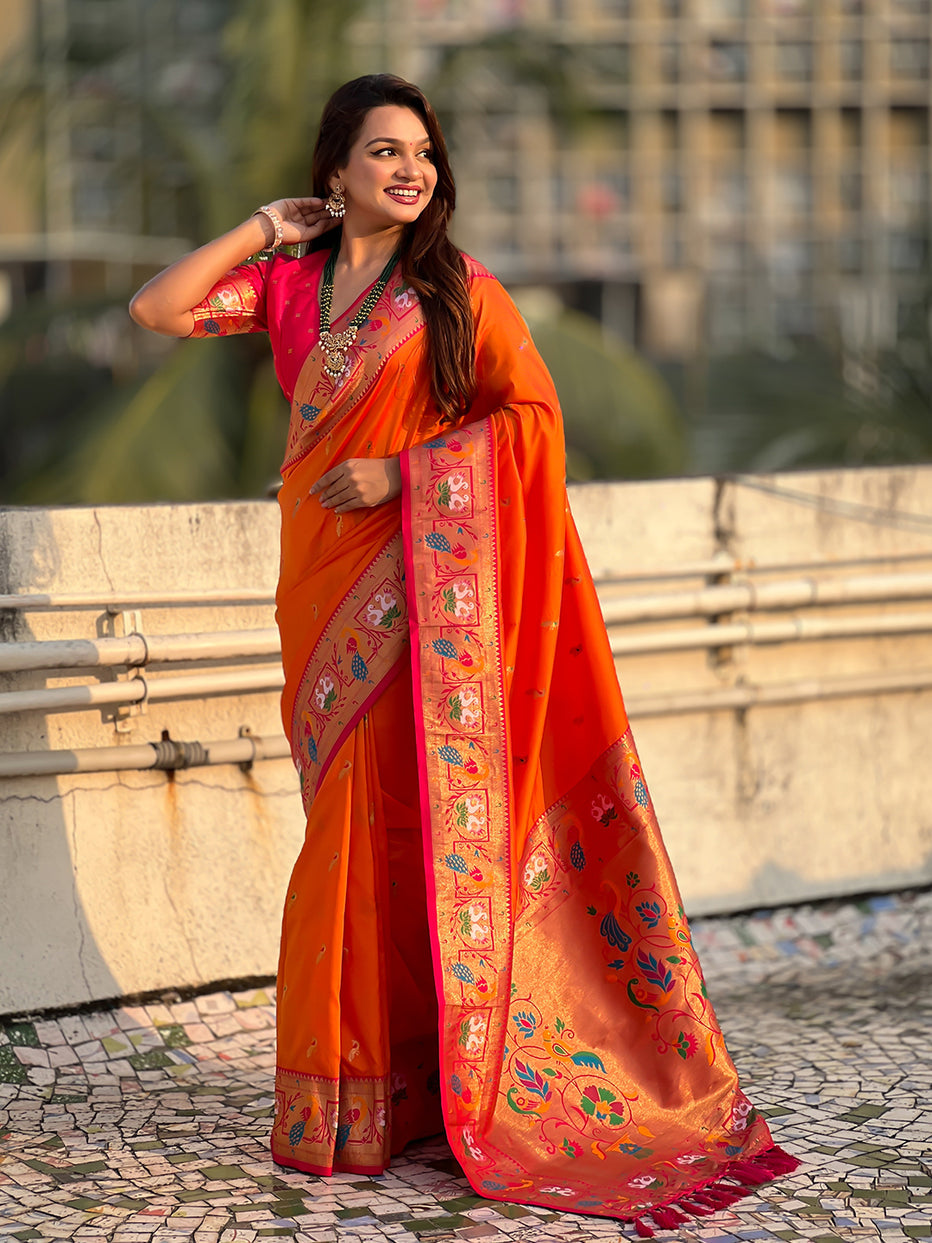 Orange Soft Silk Swan Rajhans Paithani Saree