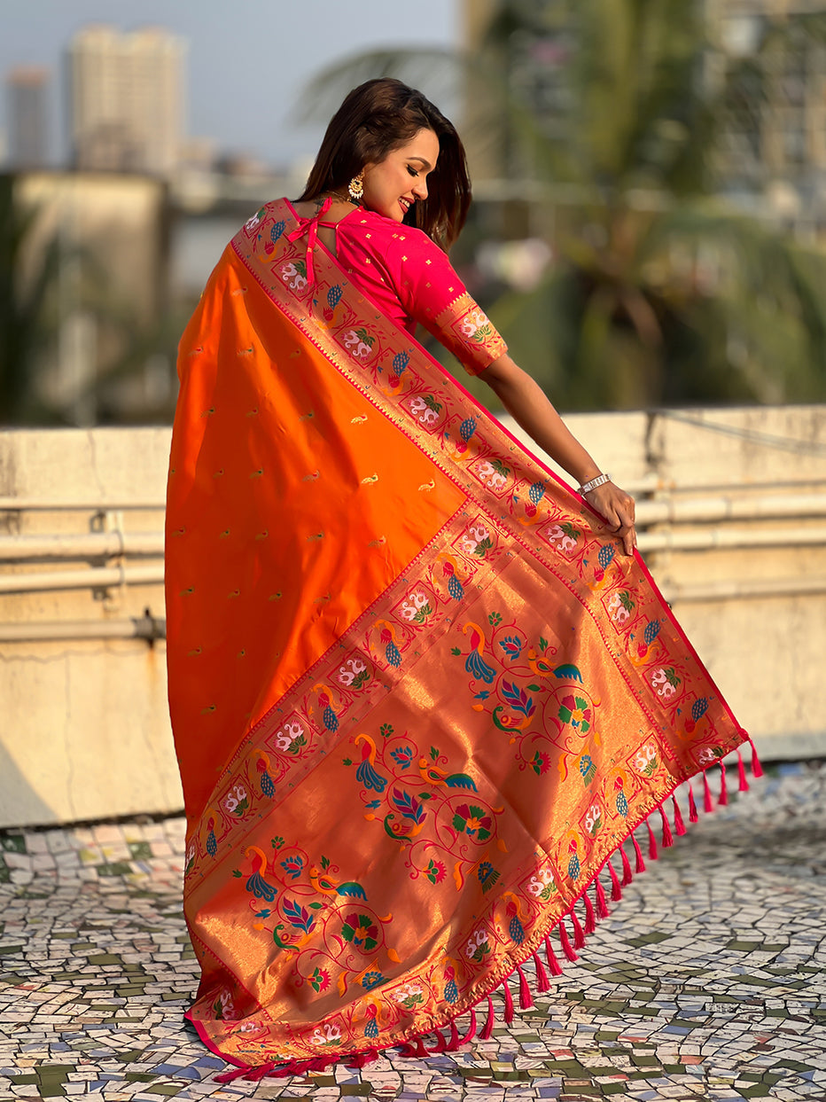 Orange Soft Silk Swan Rajhans Paithani Saree