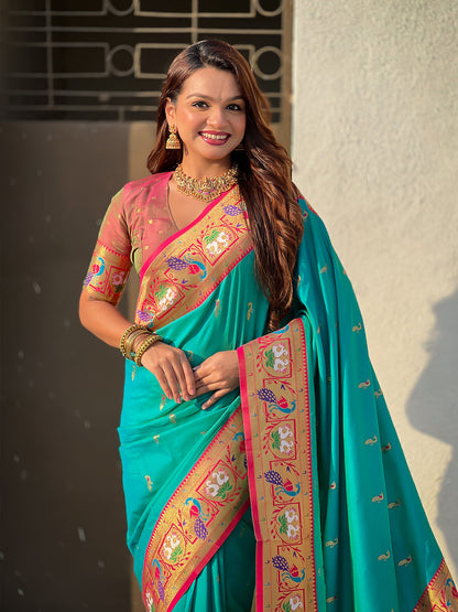Aqua Blue Soft Silk Swan Rajhans Paithani Saree Paithani Saree Anant Tex Exports Pvt.Ltd..