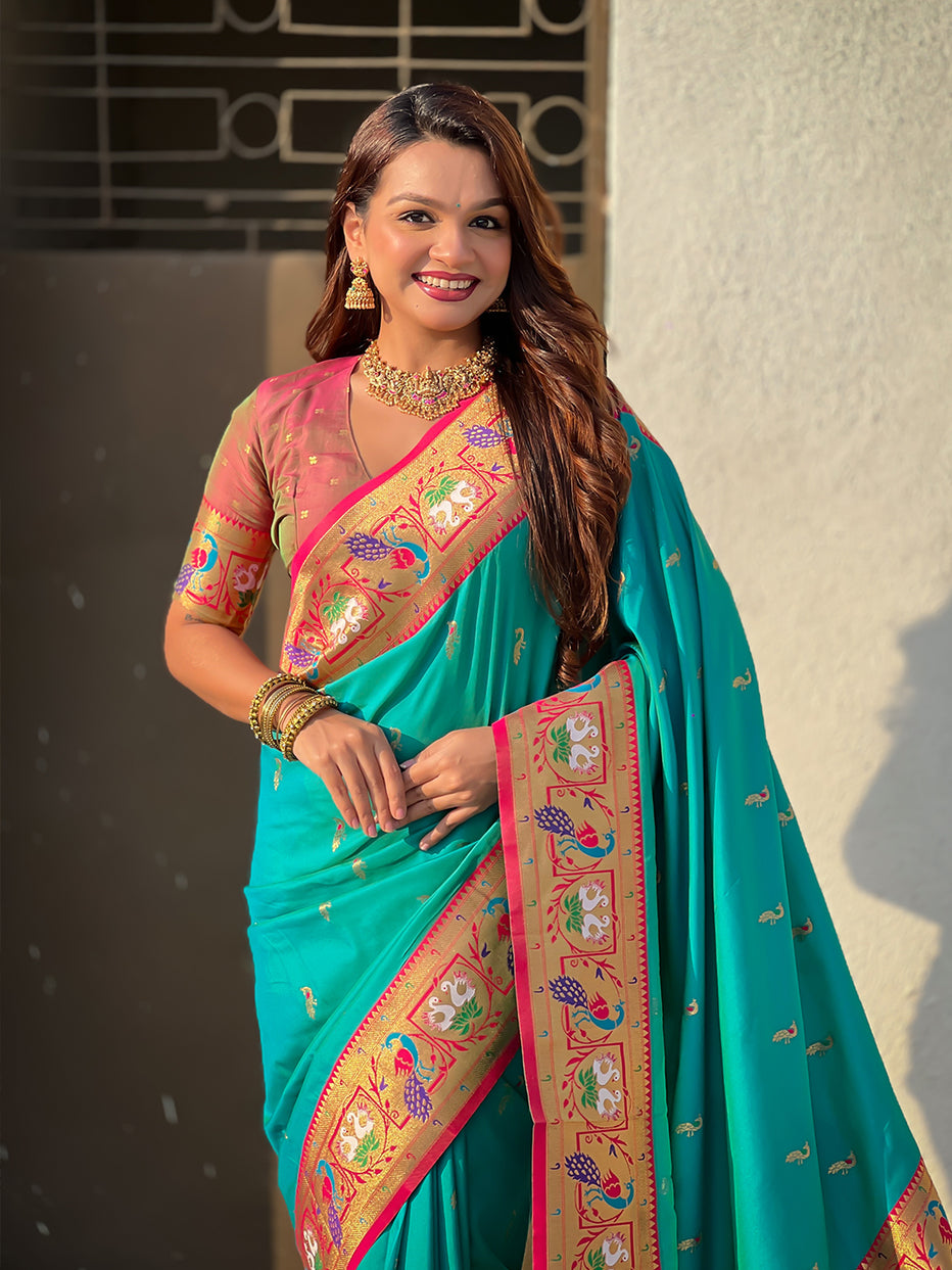 Aqua Blue Soft Silk Swan Rajhans Paithani Saree