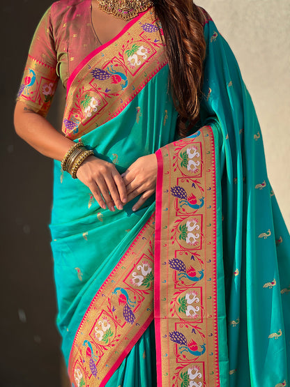 Aqua Blue Soft Silk Swan Rajhans Paithani Saree Paithani Saree Anant Tex Exports Pvt.Ltd..