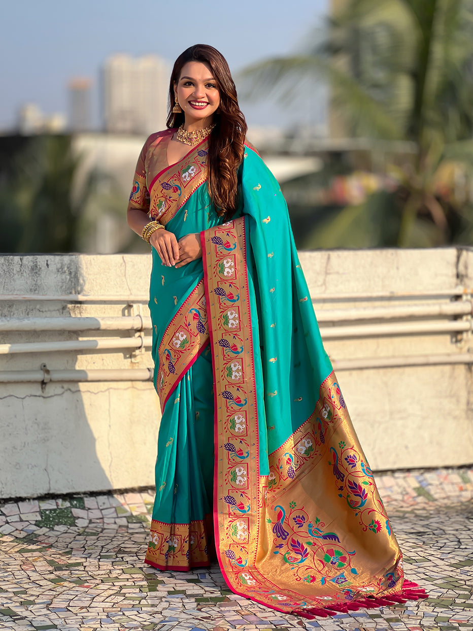 Aqua Blue Soft Silk Swan Rajhans Paithani Saree Paithani Saree Anant Tex Exports Pvt.Ltd..