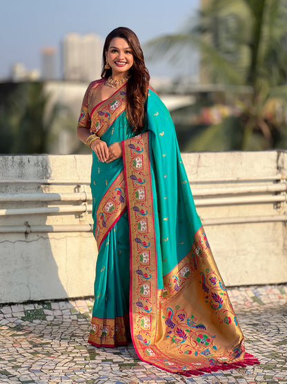 Aqua Blue Soft Silk Swan Rajhans Paithani Saree Paithani Saree Anant Tex Exports Pvt.Ltd..