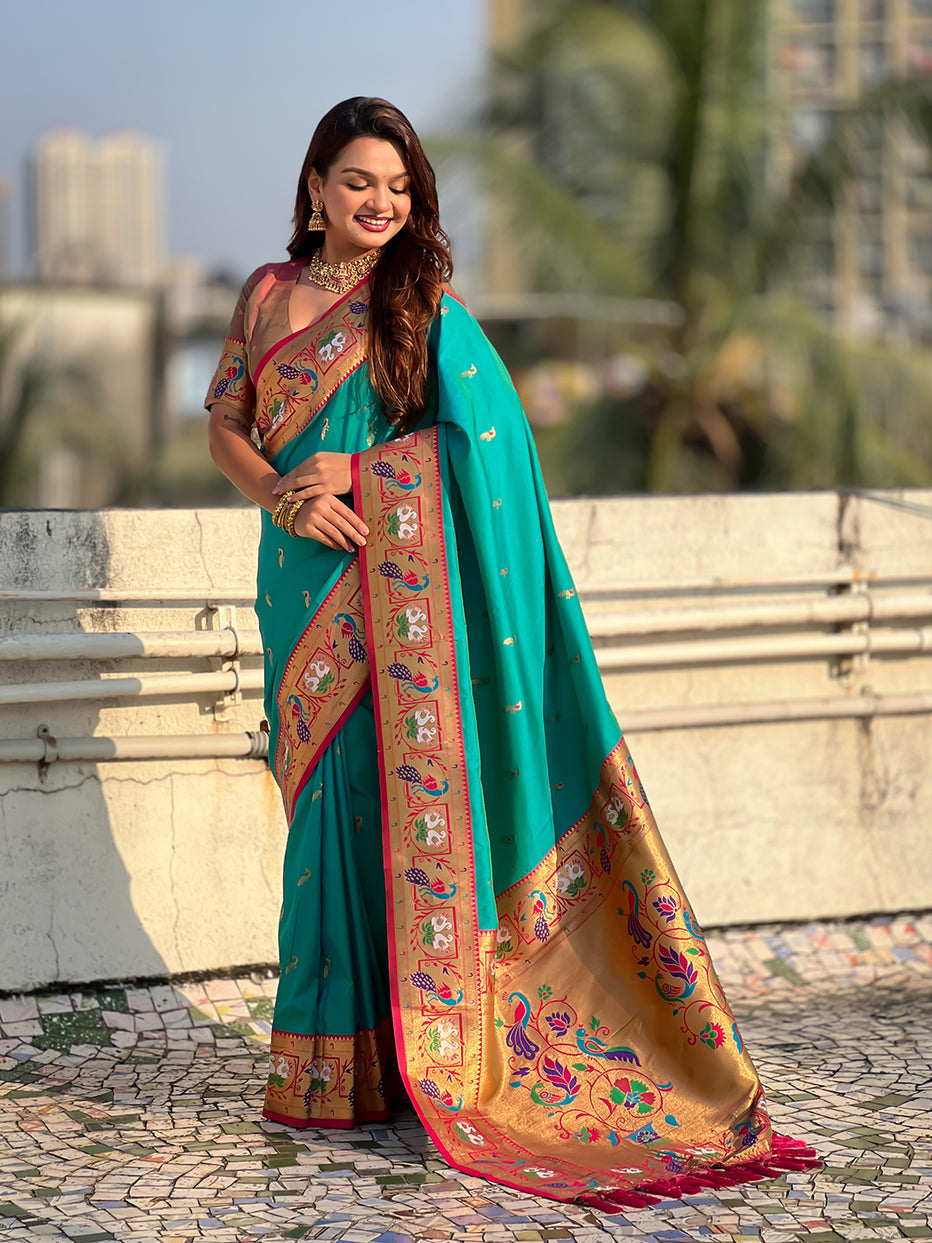 Aqua Blue Soft Silk Swan Rajhans Paithani Saree