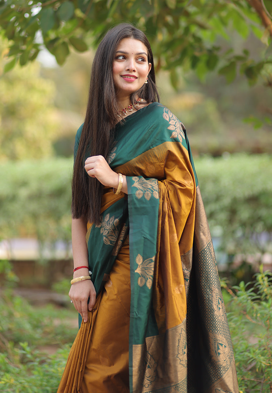Gold Soft Silk Floral Border Contrast Zari Soft Silk Saree