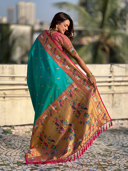 Aqua Blue Soft Silk Swan Rajhans Paithani Saree Paithani Saree Anant Tex Exports Pvt.Ltd..