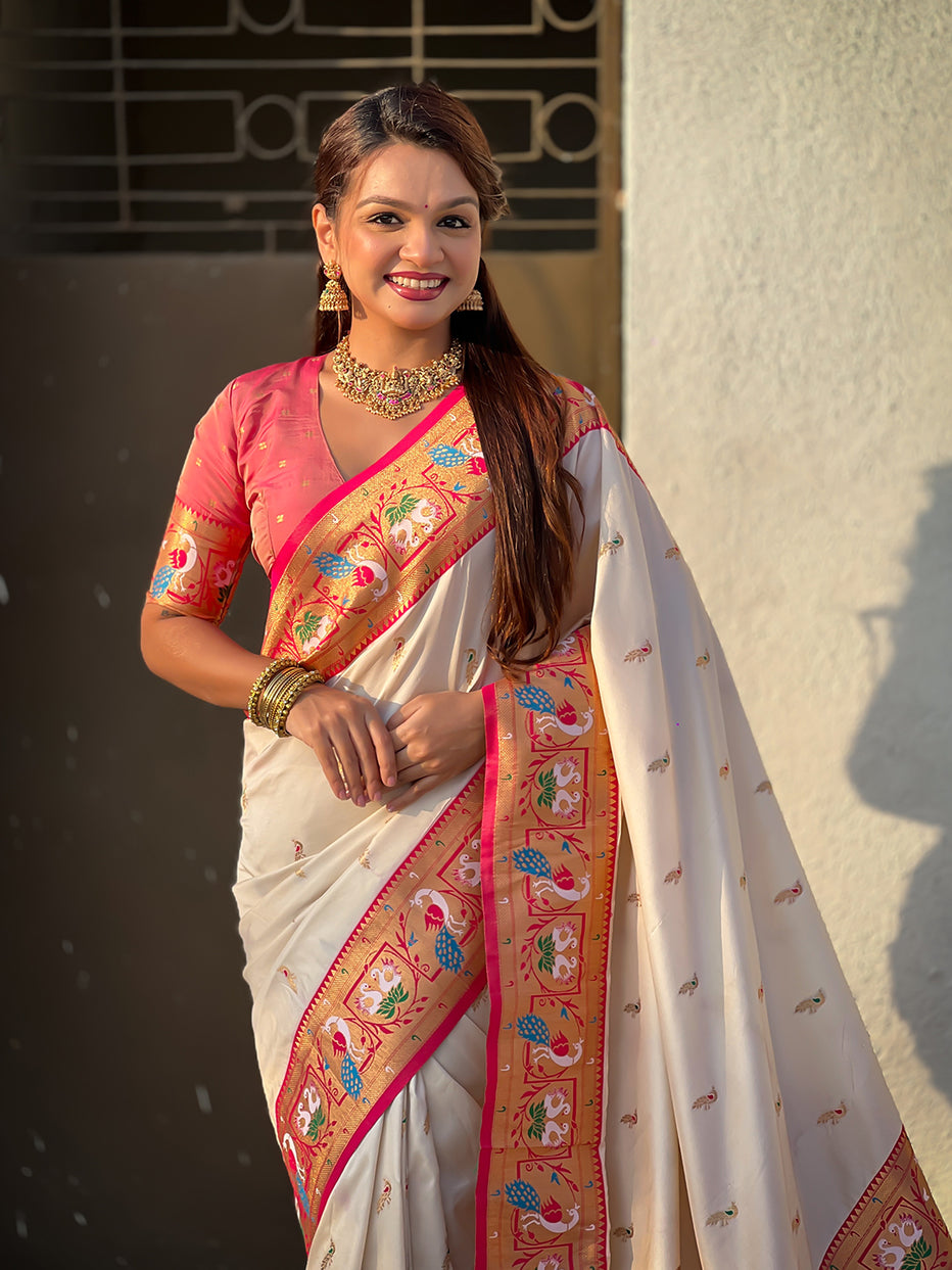Cream Soft Silk Swan Rajhans Paithani Saree