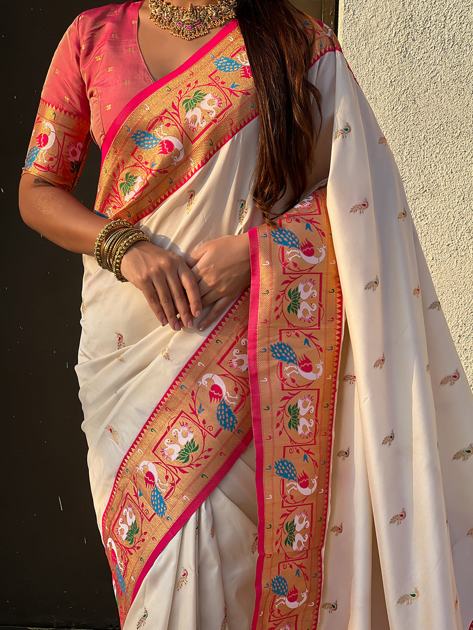 Cream Soft Silk Swan Rajhans Paithani Saree