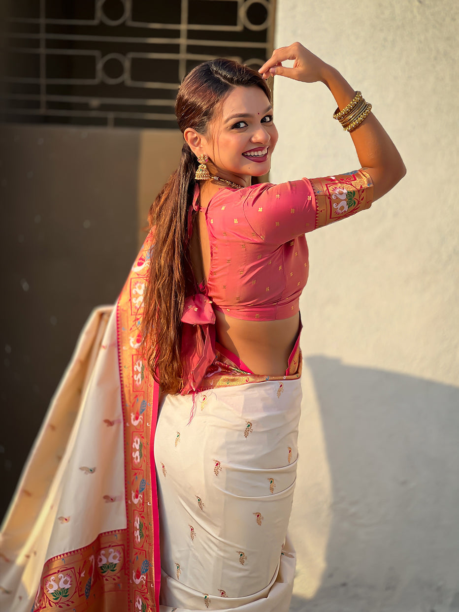 Cream Soft Silk Swan Rajhans Paithani Saree