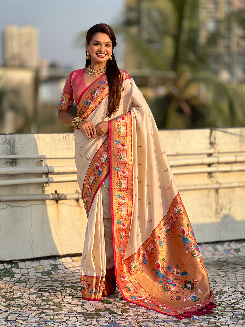 Cream Soft Silk Swan Rajhans Paithani Saree