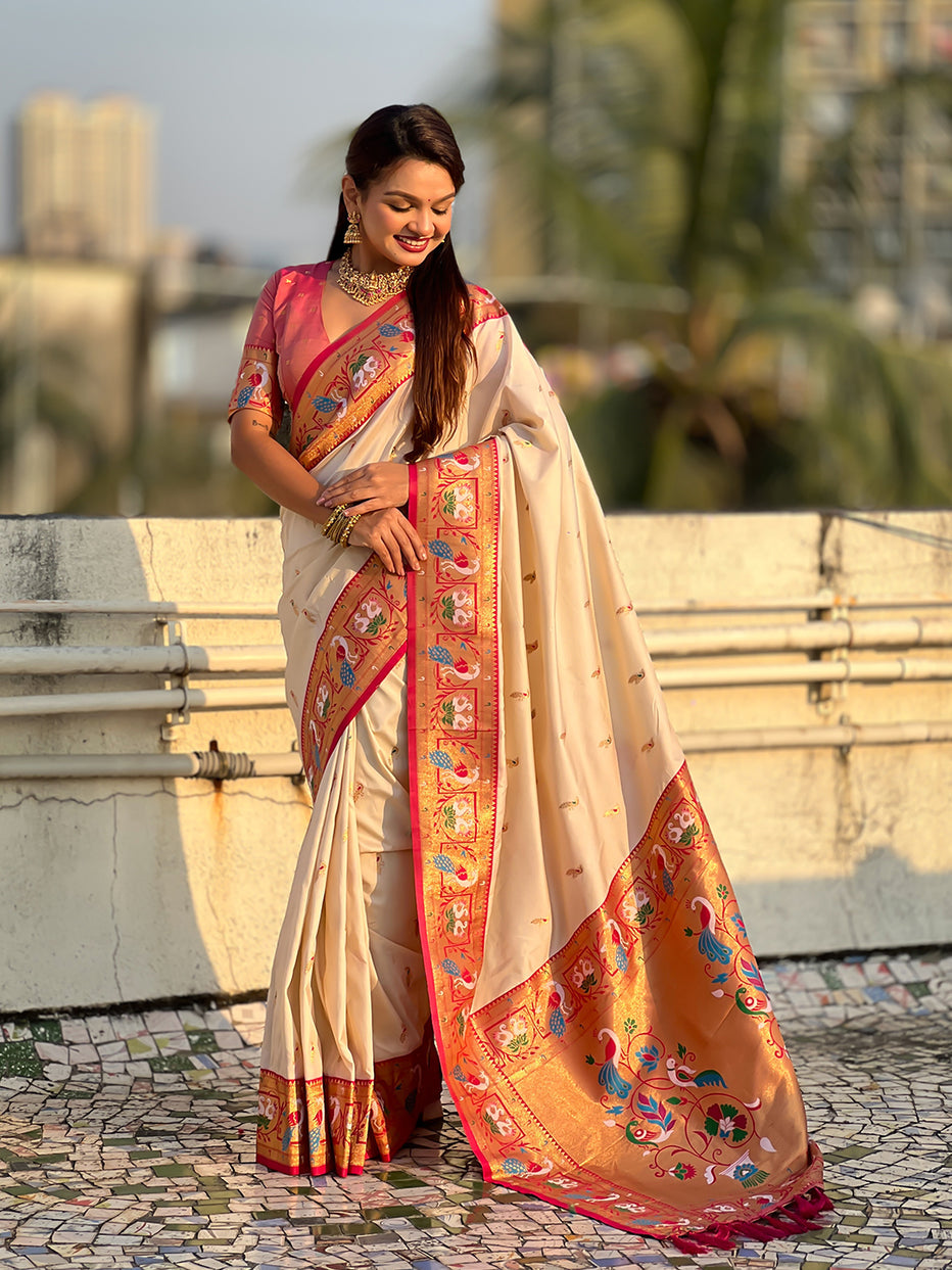 Cream Soft Silk Swan Rajhans Paithani Saree