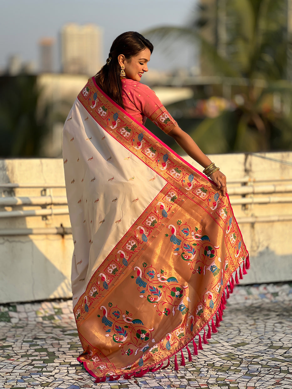 Cream Soft Silk Swan Rajhans Paithani Saree