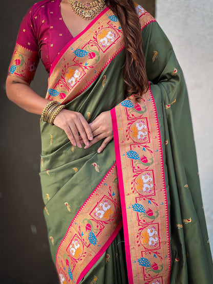 Mehendi Green Soft Silk Swan Rajhans Paithani Saree Paithani Saree Anant Tex Exports Pvt.Ltd..