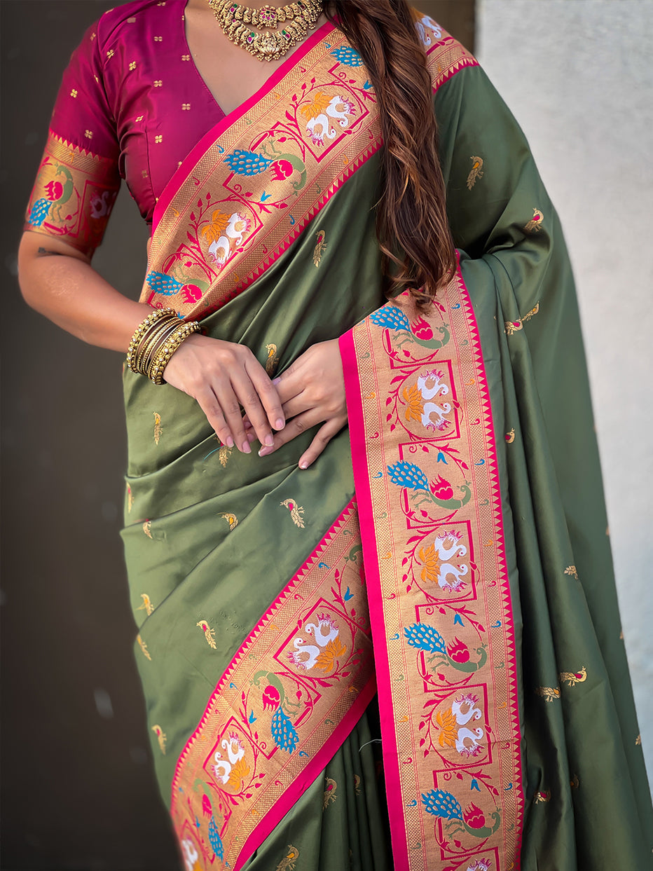Mehendi Green Soft Silk Swan Rajhans Paithani Saree
