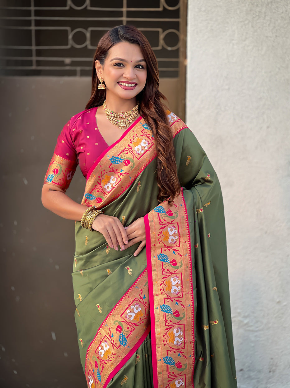 Mehendi Green Soft Silk Swan Rajhans Paithani Saree Paithani Saree Anant Tex Exports Pvt.Ltd..