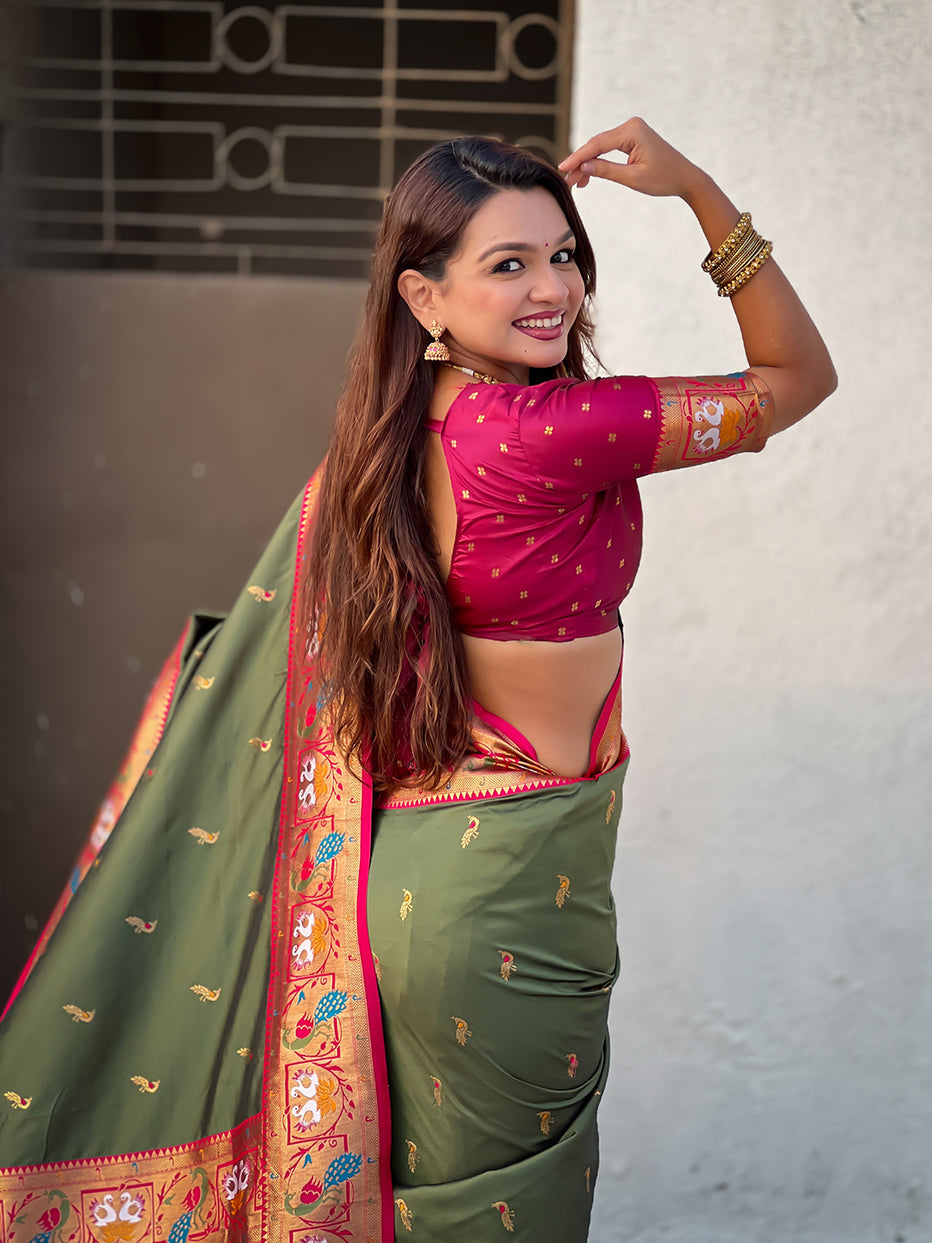 Mehendi Green Soft Silk Swan Rajhans Paithani Saree