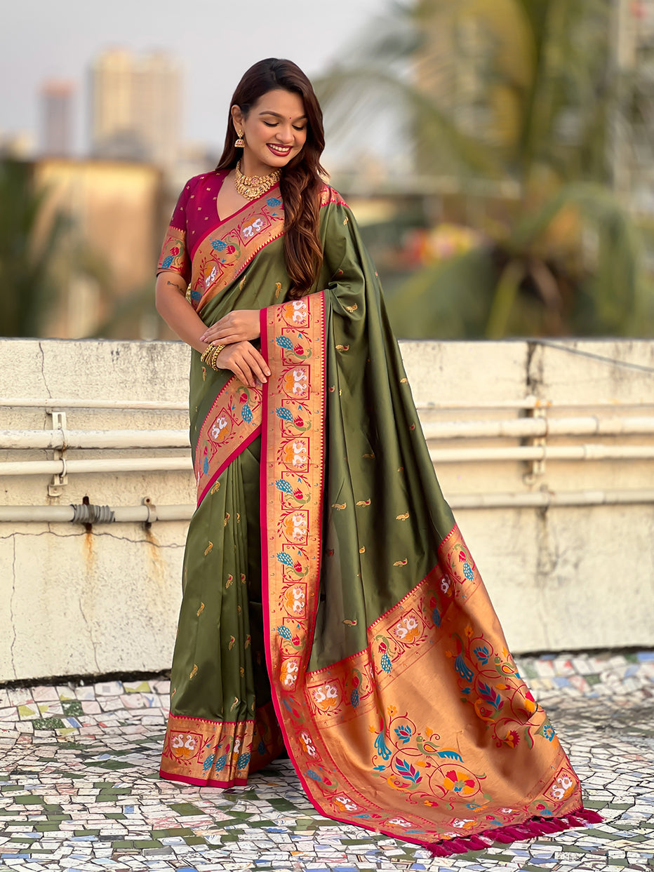 Mehendi Green Soft Silk Swan Rajhans Paithani Saree