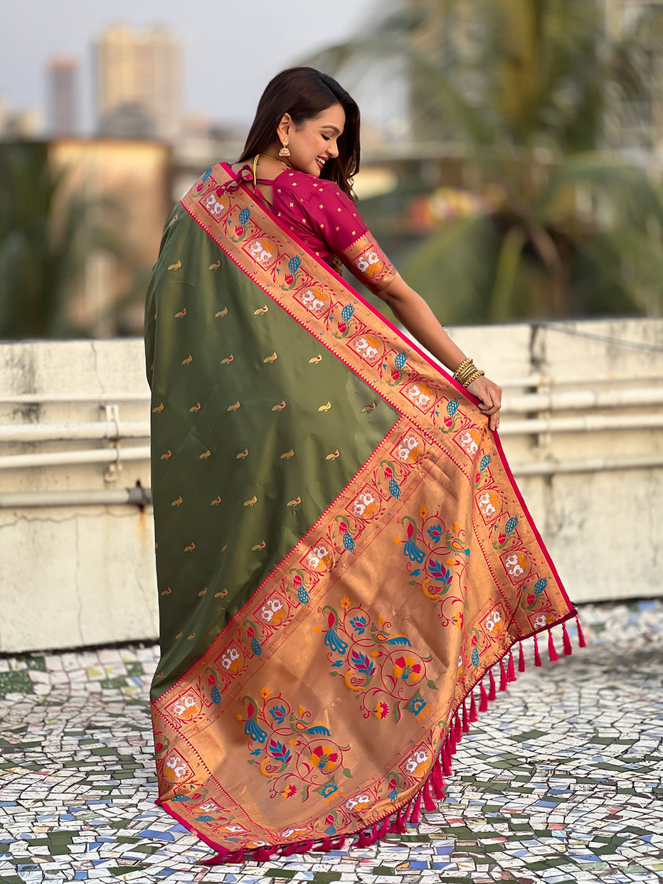 Mehendi Green Soft Silk Swan Rajhans Paithani Saree