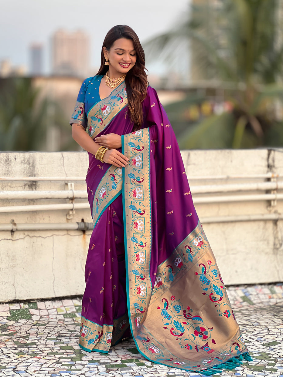 Purple Soft Silk Swan Rajhans Paithani Saree Paithani Saree Anant Tex Exports Pvt.Ltd..