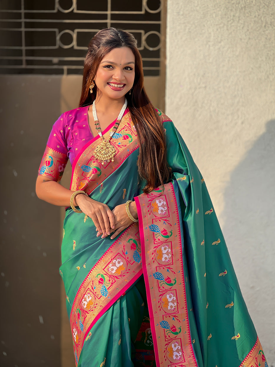 Green Soft Silk Swan Rajhans Paithani Saree