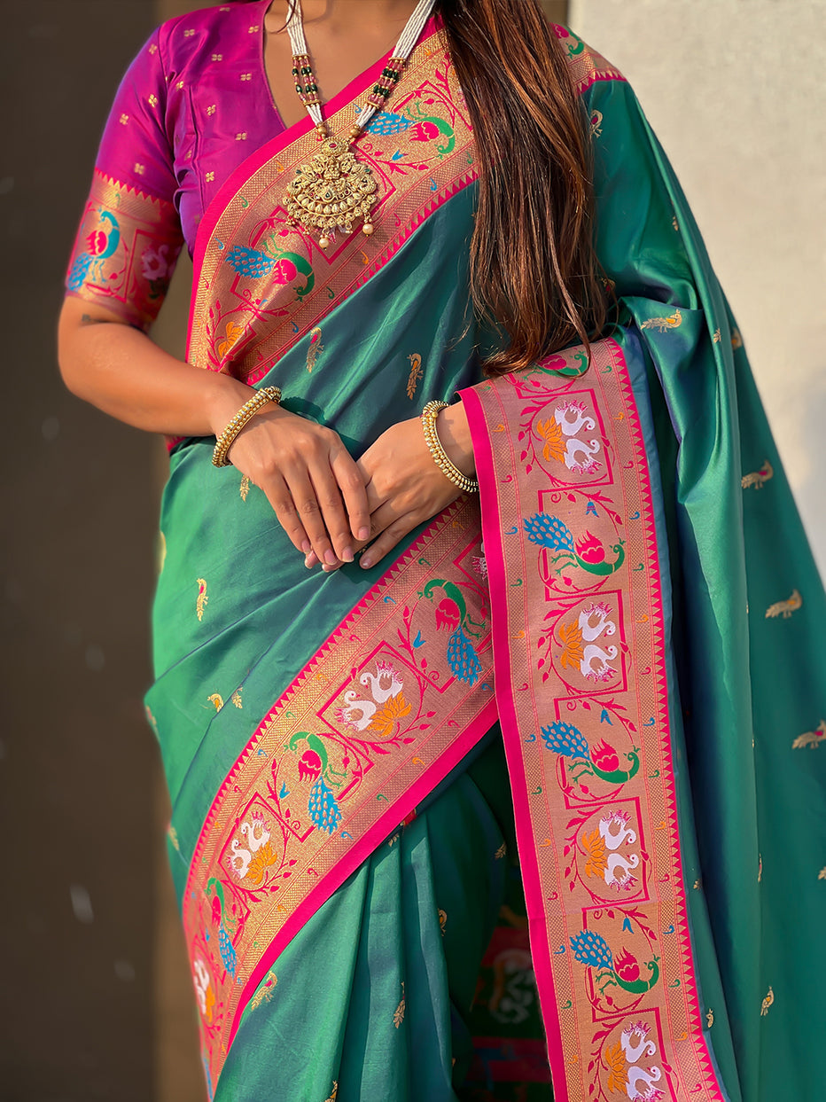 Green Soft Silk Swan Rajhans Paithani Saree