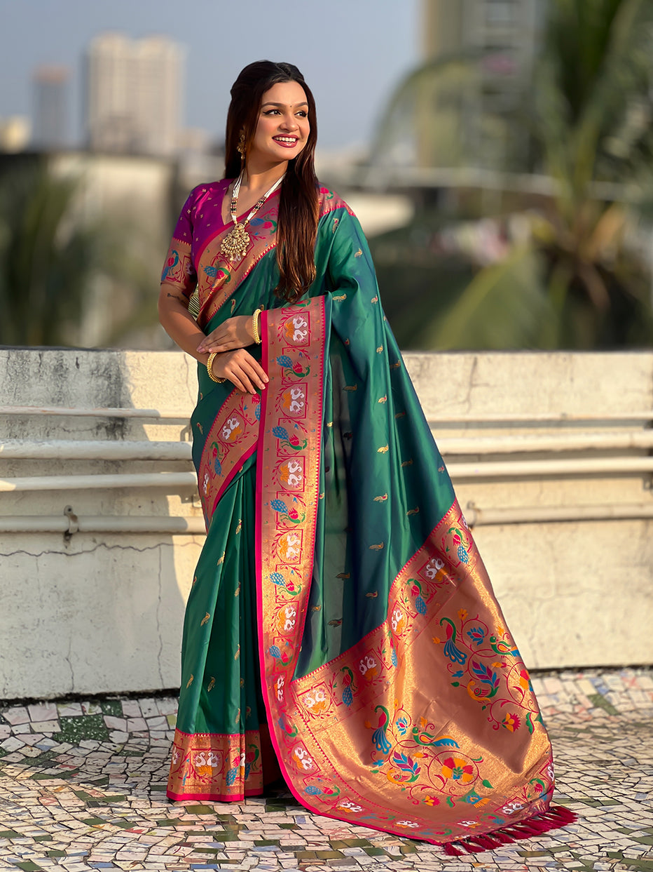 Green Soft Silk Swan Rajhans Paithani Saree