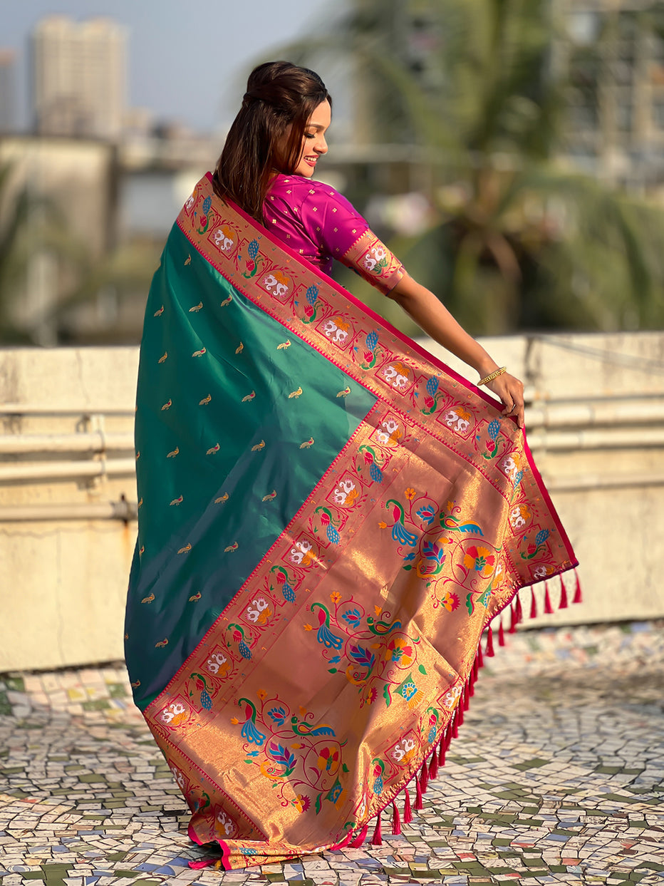 Green Soft Silk Swan Rajhans Paithani Saree