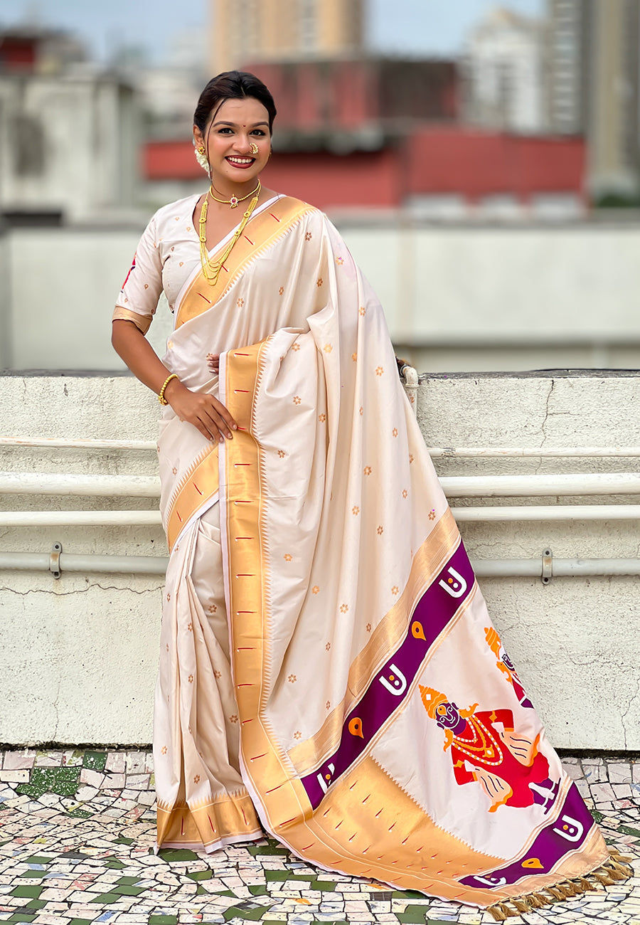 Cream Zari Woven Vitthala God Special Paithani Silk Saree Banarasi Silk Saree Anant Tex Exports Pvt.Ltd..