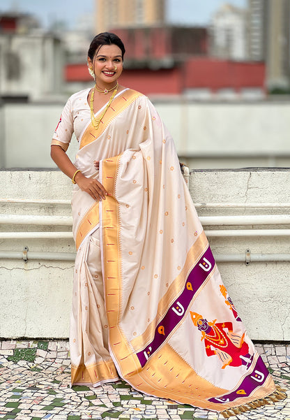 Cream Zari Woven Vitthala God Special Paithani Silk Saree Banarasi Silk Saree Anant Tex Exports Pvt.Ltd..
