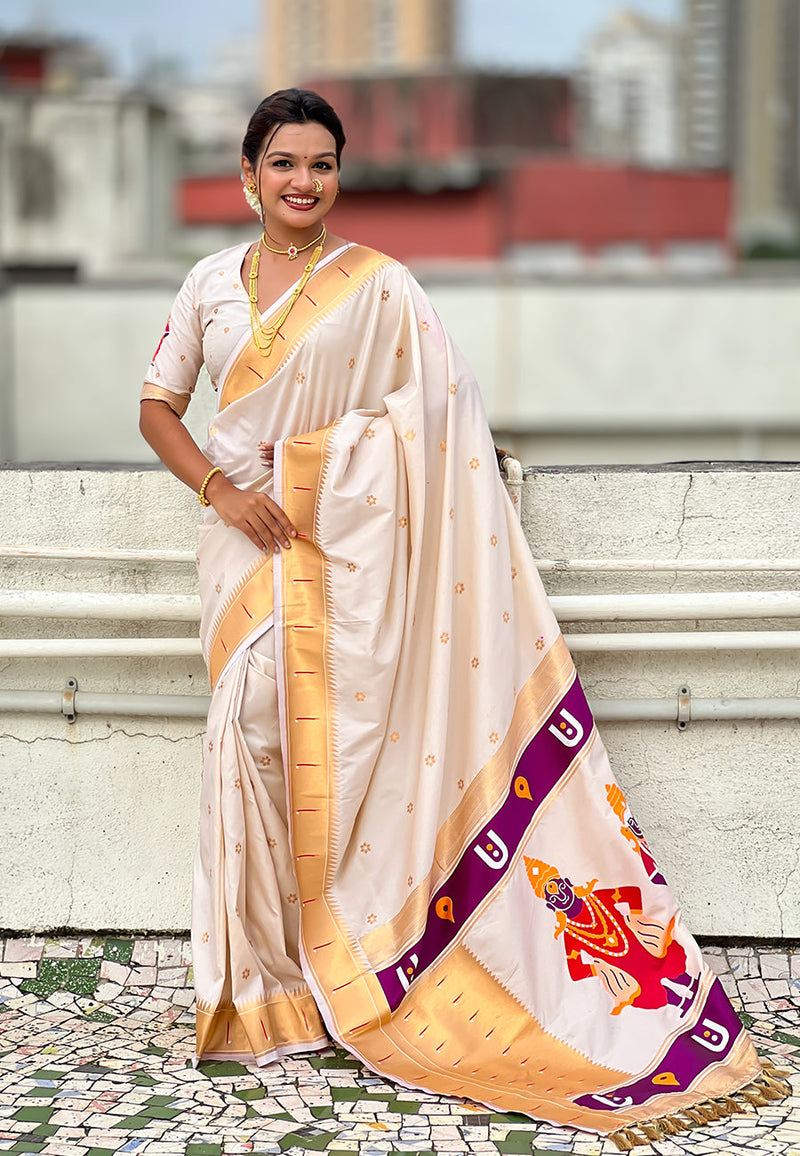 Cream Zari Woven Vitthala God Special Paithani Silk Saree