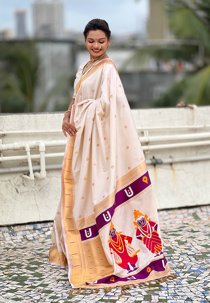 Cream Zari Woven Vitthala God Special Paithani Silk Saree