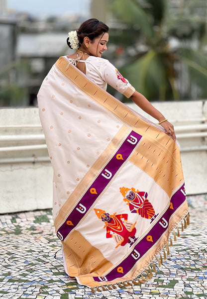 Cream Zari Woven Vitthala God Special Paithani Silk Saree Banarasi Silk Saree Anant Tex Exports Pvt.Ltd..