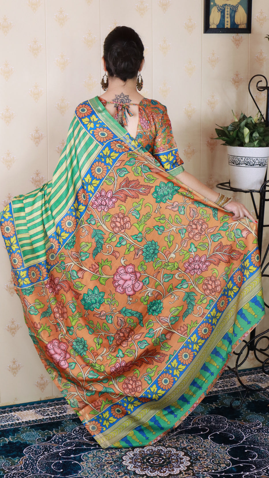 Sea Green Soft Tussar Silk Striped Kalamkari Printed Zari Tussar Saree