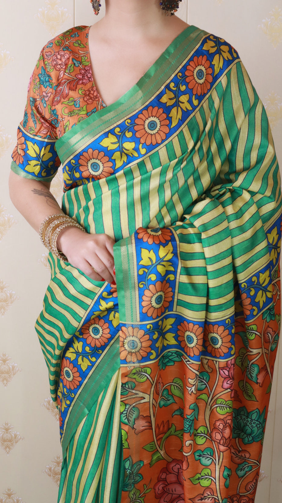 Sea Green Soft Tussar Silk Striped Kalamkari Printed Zari Tussar Saree Tussar Saree Anant Tex Exports Pvt.Ltd..