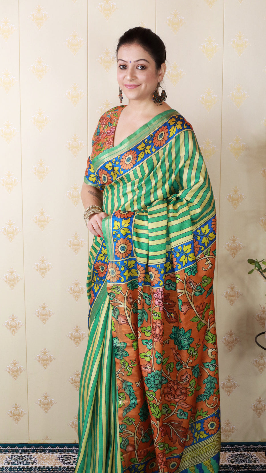 Sea Green Soft Tussar Silk Striped Kalamkari Printed Zari Tussar Saree