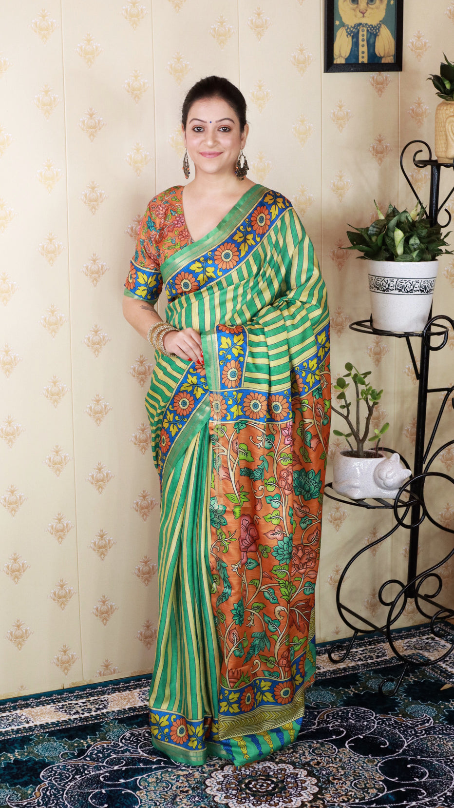 Sea Green Soft Tussar Silk Striped Kalamkari Printed Zari Tussar Saree