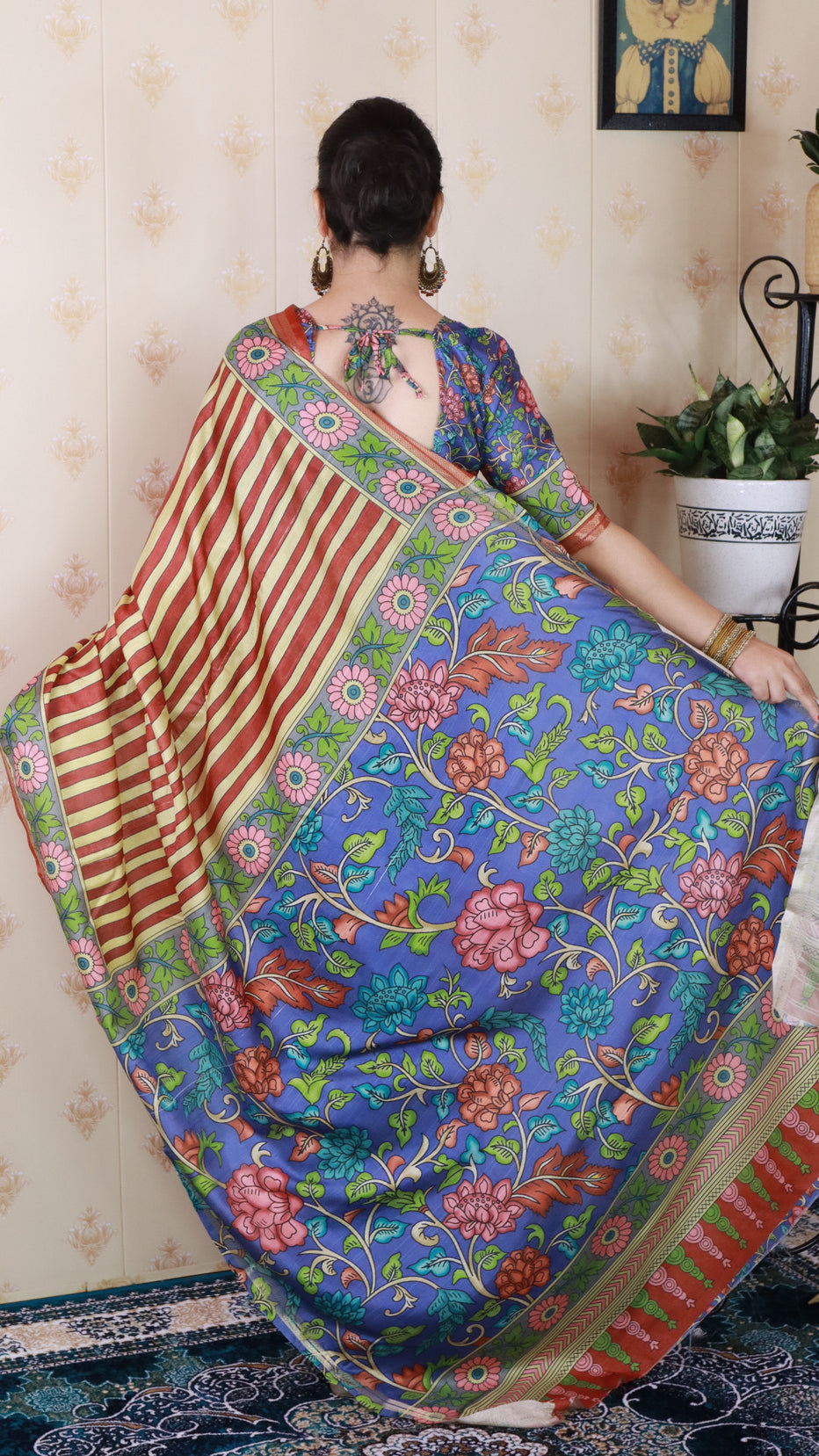 Brown Soft Tussar Silk Striped Kalamkari Printed Zari Tussar Saree