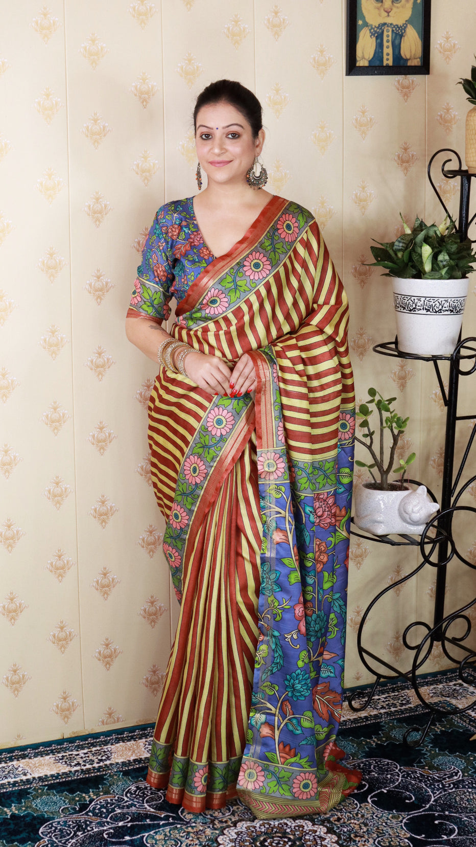 Brown Soft Tussar Silk Striped Kalamkari Printed Zari Tussar Saree